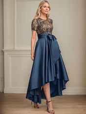 A-line Scoop Asymmetrical Satin Sequin Lace Mother of the Bride Dress With Bow