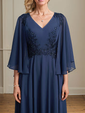 A-line V-Neck Tea-Length Chiffon Lace Mother of the Bride Dress With Beading Sequins