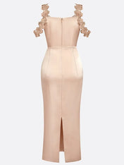 Champagne 3D Floral Satin Cowl Neck Sleeveless Sheath Midi Dress