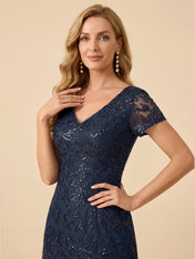 Navy Blue V-Neck Embroidery Short Sleeves Mother of the Brides Gown
