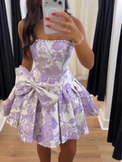 Strapless Pearl-Trimmed Floral Jacquard Mini Dress with Side Bow Homecoming Dresses