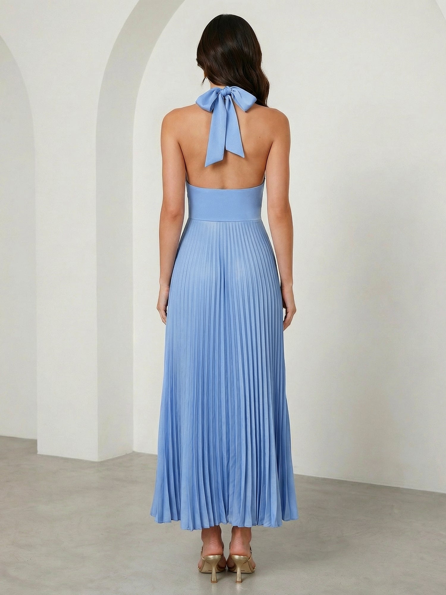 Light Blue Halter Neck Maxi Dresses with Pleat A Line Evening Dress
