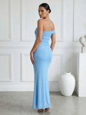 Light Blue Strapless Mermaid Tea Length Maxi Dress with Pleat