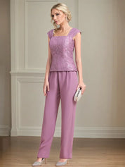 Chiffon Square Neck Sleeveless Floor Length Mother of the Bride Pantsuits