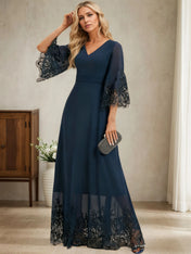 A-line V-Neck Floor-Length Chiffon Evening Dress With Pleated Sequins