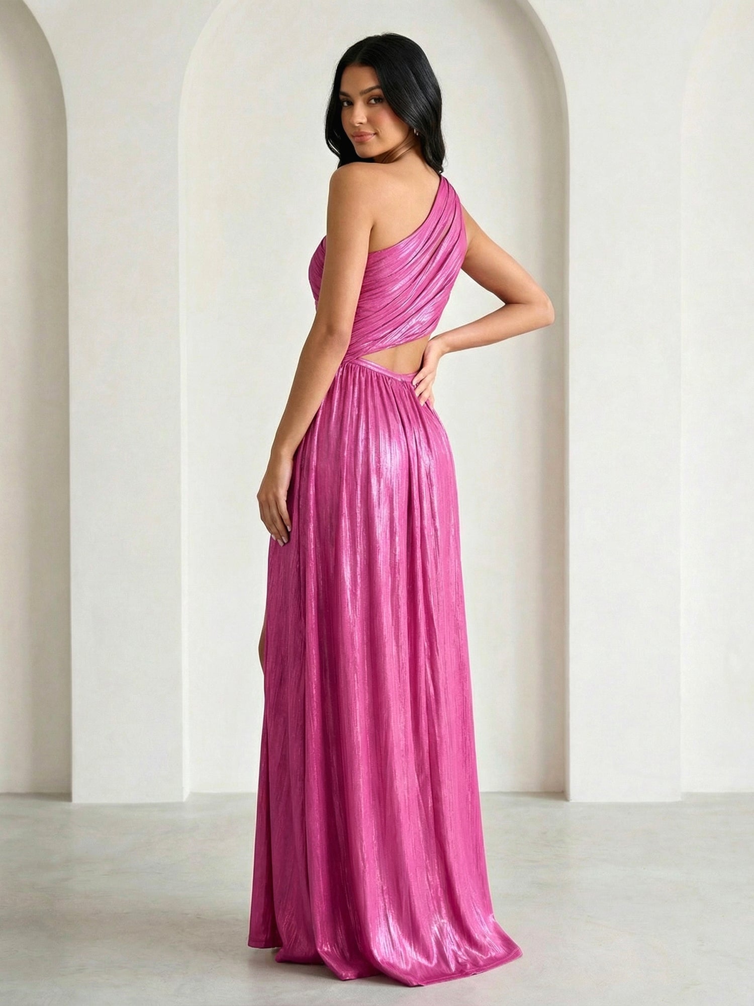 Fuchsia One Shoulder Hollowed Maxi Dress with Pleat
