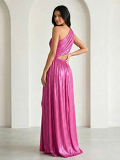 Fuchsia One Shoulder Hollowed Maxi Dress with Pleat