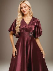 A-line V-Neck Tea-Length Stretch Satin Mother of the Bride Dress With Beading Pleated
