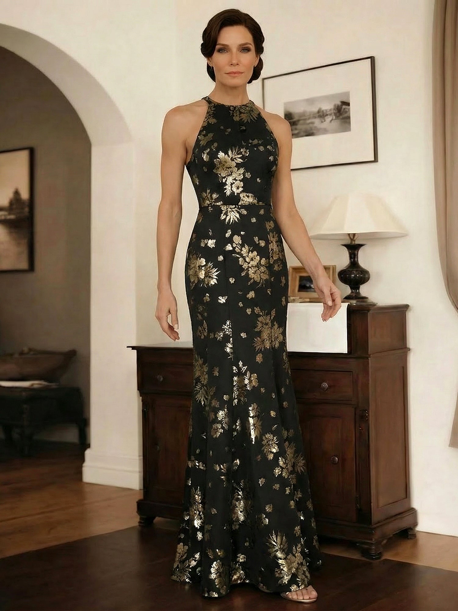Trumpet/Mermaid Halter Neck Sleeveless Floor-Length Satin Mother of the Bride Dress With Gold Floral Jacquard