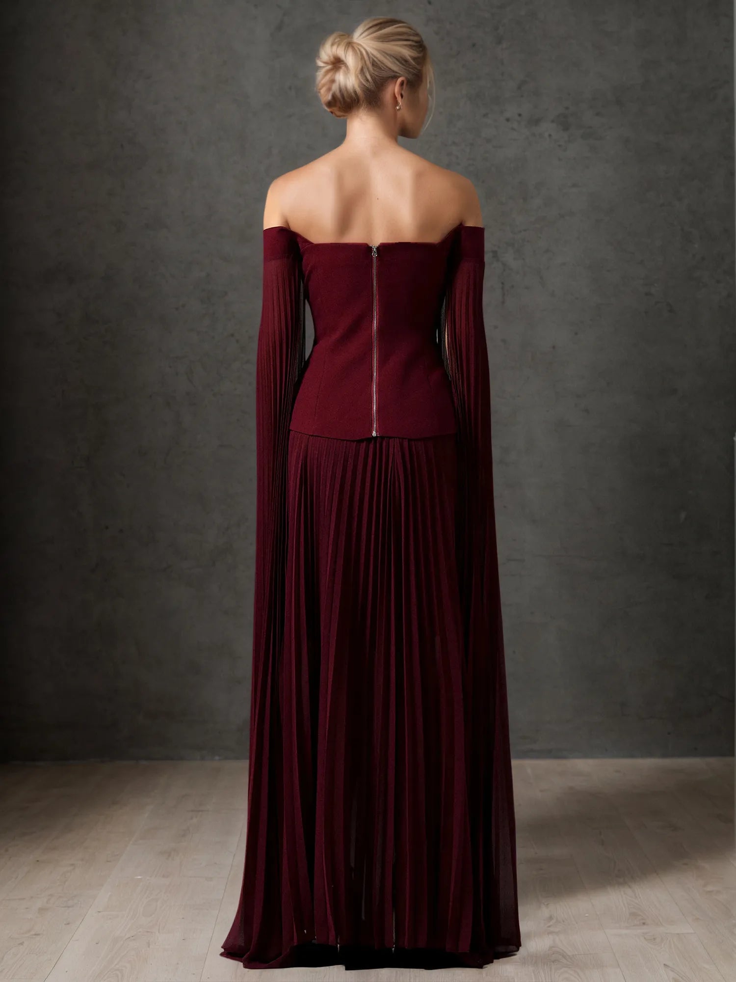 Off-Shoulder Cape Sleeve Pleated Maxi Gown Formal Evening Dress