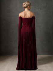 Off-Shoulder Cape Sleeve Pleated Maxi Gown Formal Evening Dress