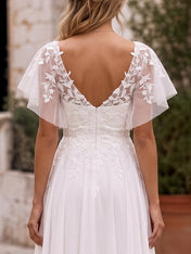 Romantic A-Line Wedding Dress with Floral Lace Bodice & Sheer Flutter Sleeves