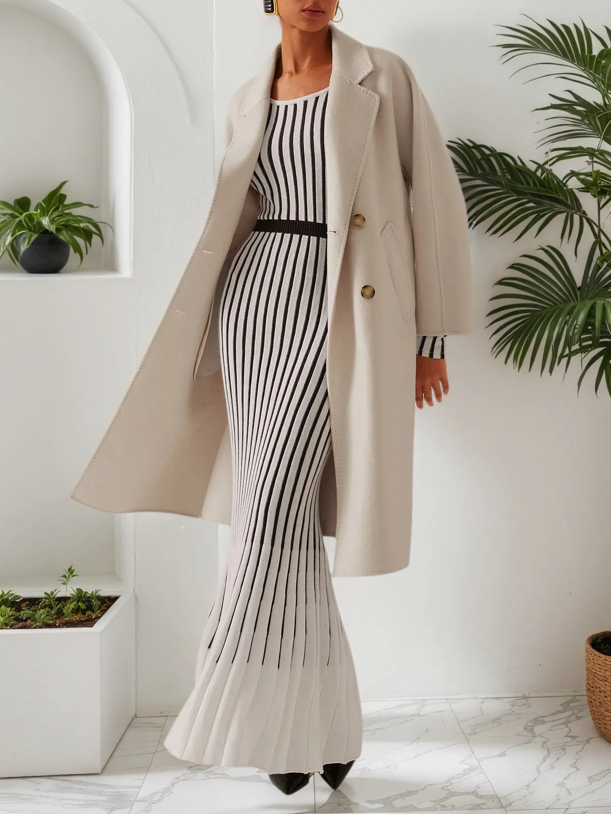 White Striped Sheath/Column Maxi Wool Sweater Dress With Belt