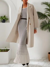 White Striped Sheath/Column Maxi Wool Sweater Dress With Belt