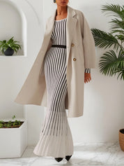 White Striped Sheath/Column Maxi Wool Sweater Dress With Belt