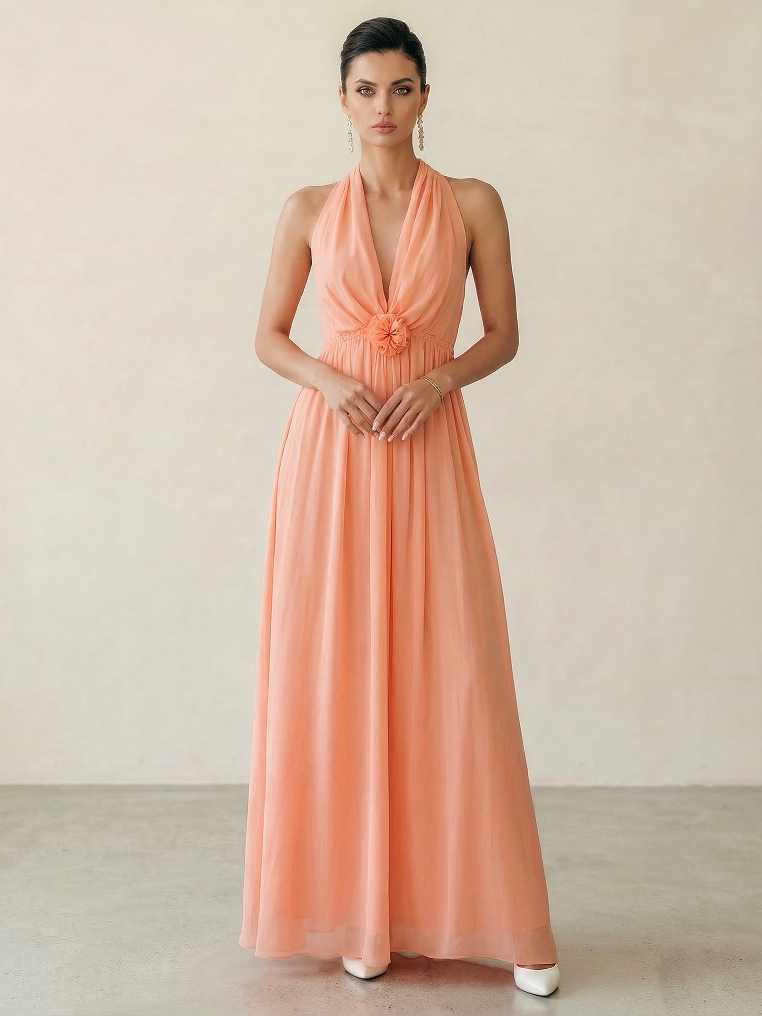 3D Floral Halter Neck Deep-V Chiffon Maxi Dress
