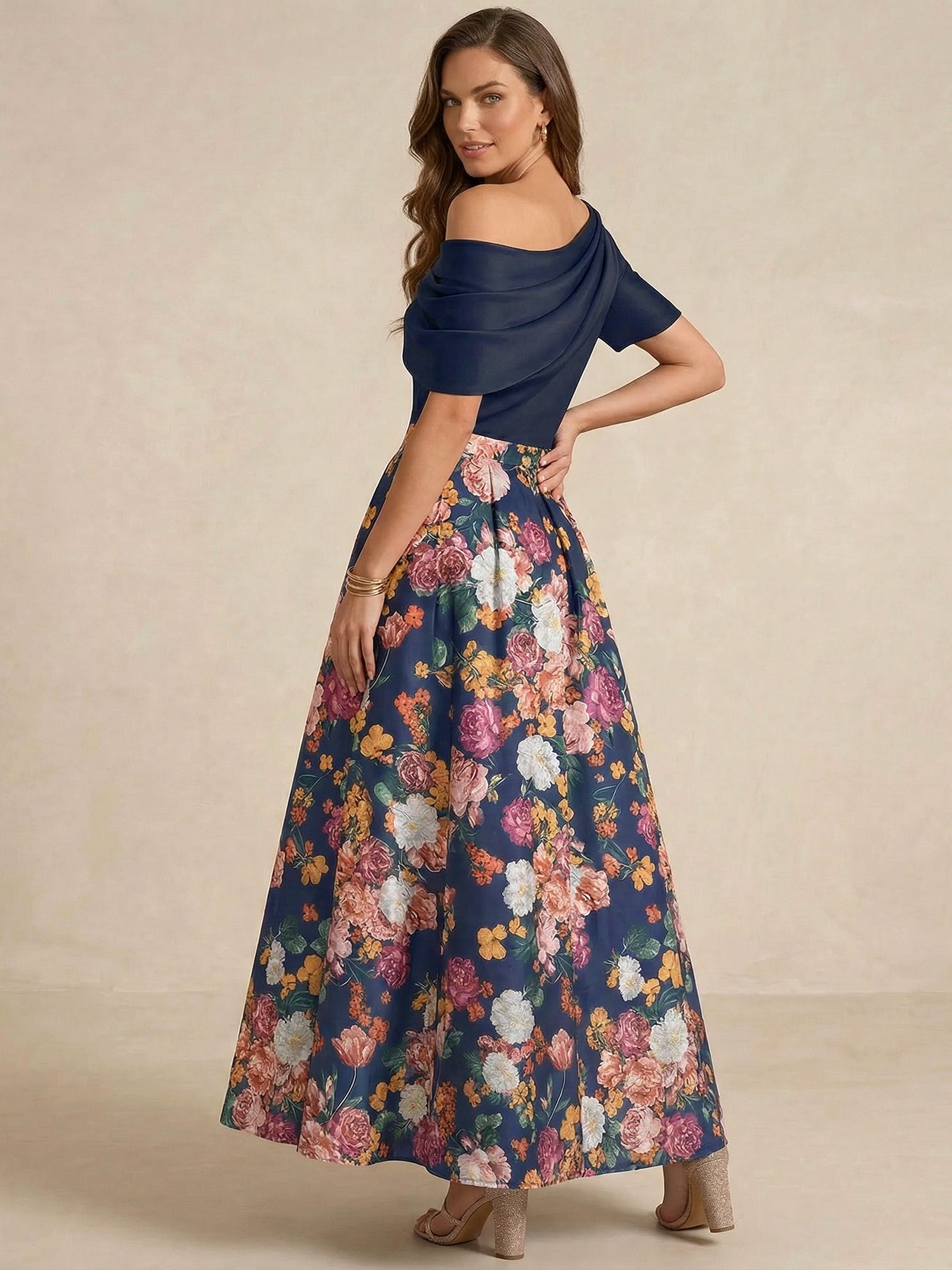 A-line Short Sleeves Pleated Ankle-Length Print Flower Mother of the Bride Dress