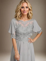A-line Scoop Illusion Asymmetrical Chiffon Lace Mother of the Bride Dress With Beading
