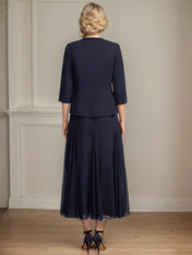 Separates A-line Scoop Tea-Length Chiffon Mother of the Bride Dress With Sequins Beading