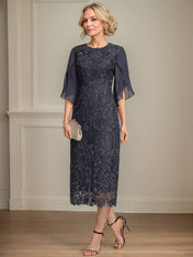 Sheath/Column Scoop Tea-Length Lace Chiffon Mother of the Bride Dress