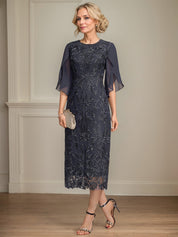 Sheath/Column Scoop Tea-Length Lace Chiffon Mother of the Bride Dress
