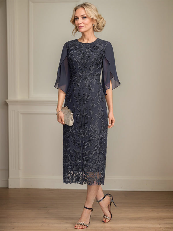 Sheath/Column Scoop Tea-Length Lace Chiffon Mother of the Bride Dress