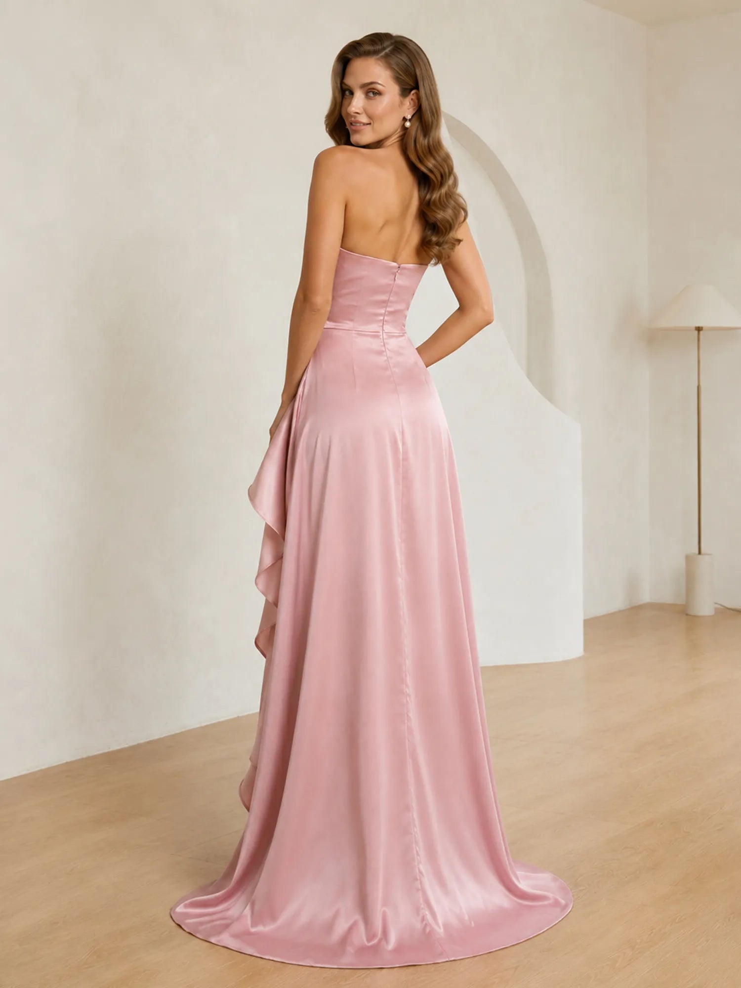 Formal Evening Dress Blush Strapless Ruffle Maxi Dress Gown