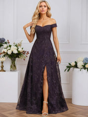 A-line Off the Shoulder Floor-Length Sequin Lace Evening Dress