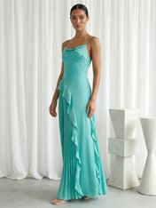 Mint Green Pleats Spaghetti Straps Maxi Dress with Ruffle