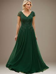 Emerald A-line V Neck Floor-Length Lace Chiffon Mother of the Bride Dress with Appliques