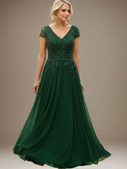 Emerald A-line V Neck Floor-Length Lace Chiffon Mother of the Bride Dress with Appliques