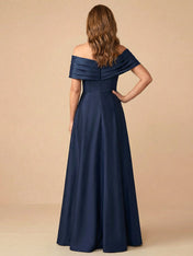 Off the Shoulder V Neck Satin Mother of the Bride Dress with Pleat