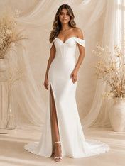 Elegant Off-The-Shoulder Satin Mermaid Wedding Dress with High Slit and Chapel Train