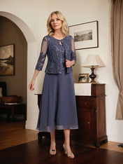A-line Scoop Tea-Length Lace Chiffon Mother of the Bride Dress With Sequins