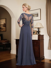 A-line Scoop Illusion Floor-Length Lace Chiffon Mother of the Bride Dress With Cascading Ruffles
