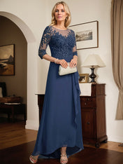 A-line Scoop Illusion Asymmetrical Lace Chiffon Mother of the Bride Dress With Sequins Cascading Ruffles