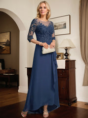 A-line Scoop Illusion Asymmetrical Lace Chiffon Mother of the Bride Dress With Sequins Cascading Ruffles