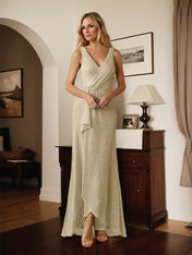 A-Line V-Neck Ruched Metallic Mesh Dress