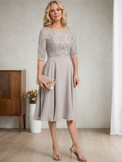 A-line Scoop Knee-Length Lace Chiffon Mother of the Bride Dress