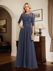A-line Scoop Illusion Floor-Length Chiffon Lace Mother of the Bride Dress With Pleated Sequins