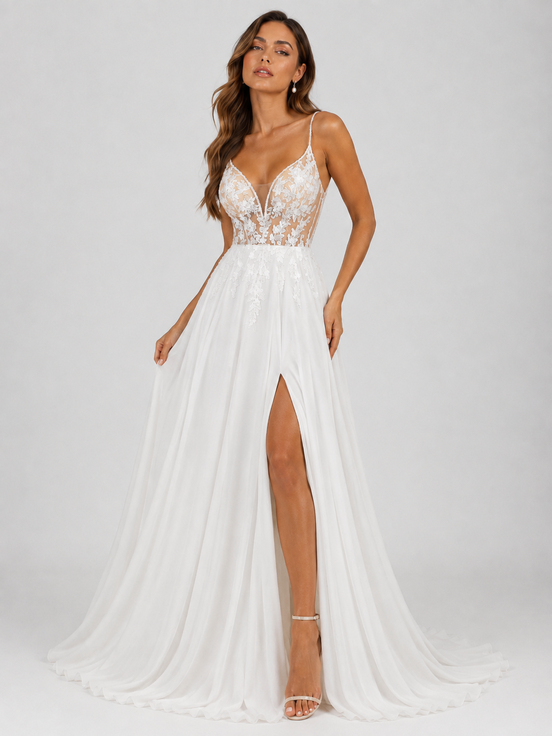 Elegant Illusion Plunging V-Neck Lace Bodice Chiffon A-Line Wedding Dress with High Slit and Chapel Train