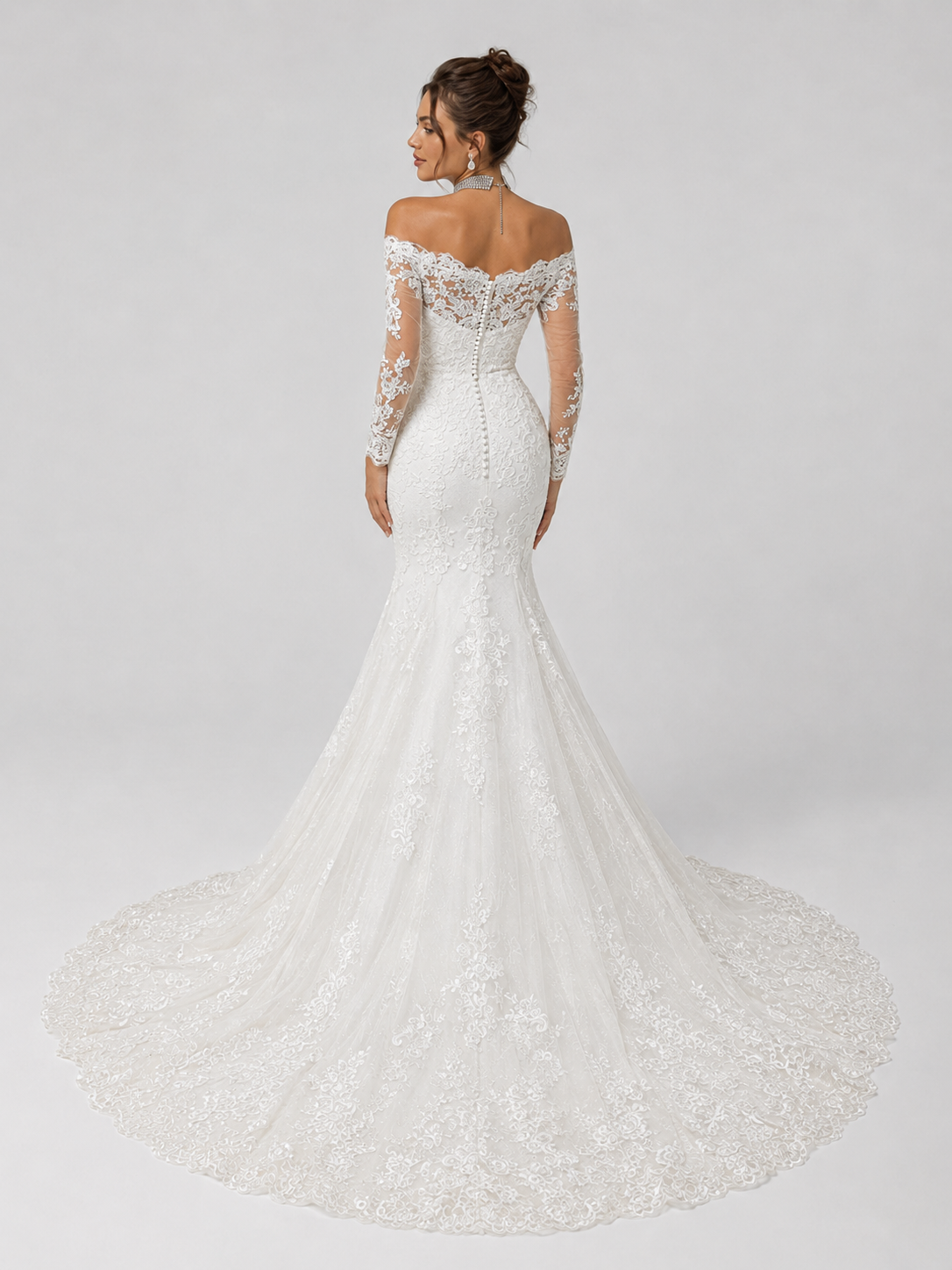 Elegant Off-the-Shoulder Long-Sleeve Lace Mermaid Wedding Dress with Chapel Train