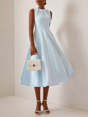 Blue Ruched Crew Neck Sleeveless A-Line Midi Dress