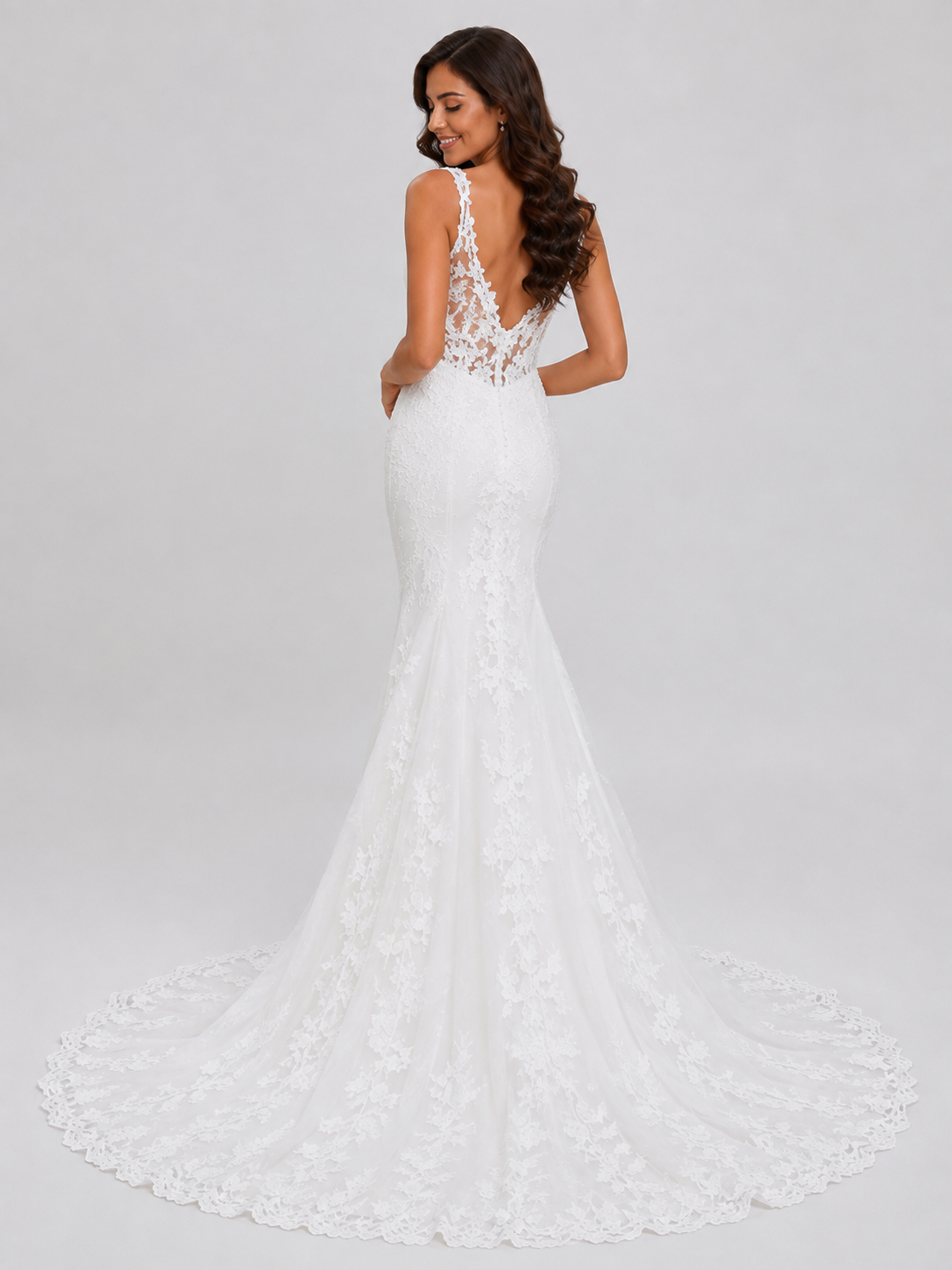 Elegant Deep V-Neck Plunging Lace Applique Mermaid Wedding Dress with Chapel Train