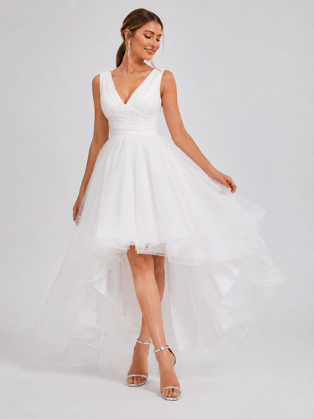 Elegant V-Neck Pleated Tulle High-Low Wedding Dress with Flowing Asymmetrical Skirt