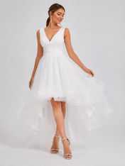 Elegant V-Neck Pleated Tulle High-Low Wedding Dress with Flowing Asymmetrical Skirt