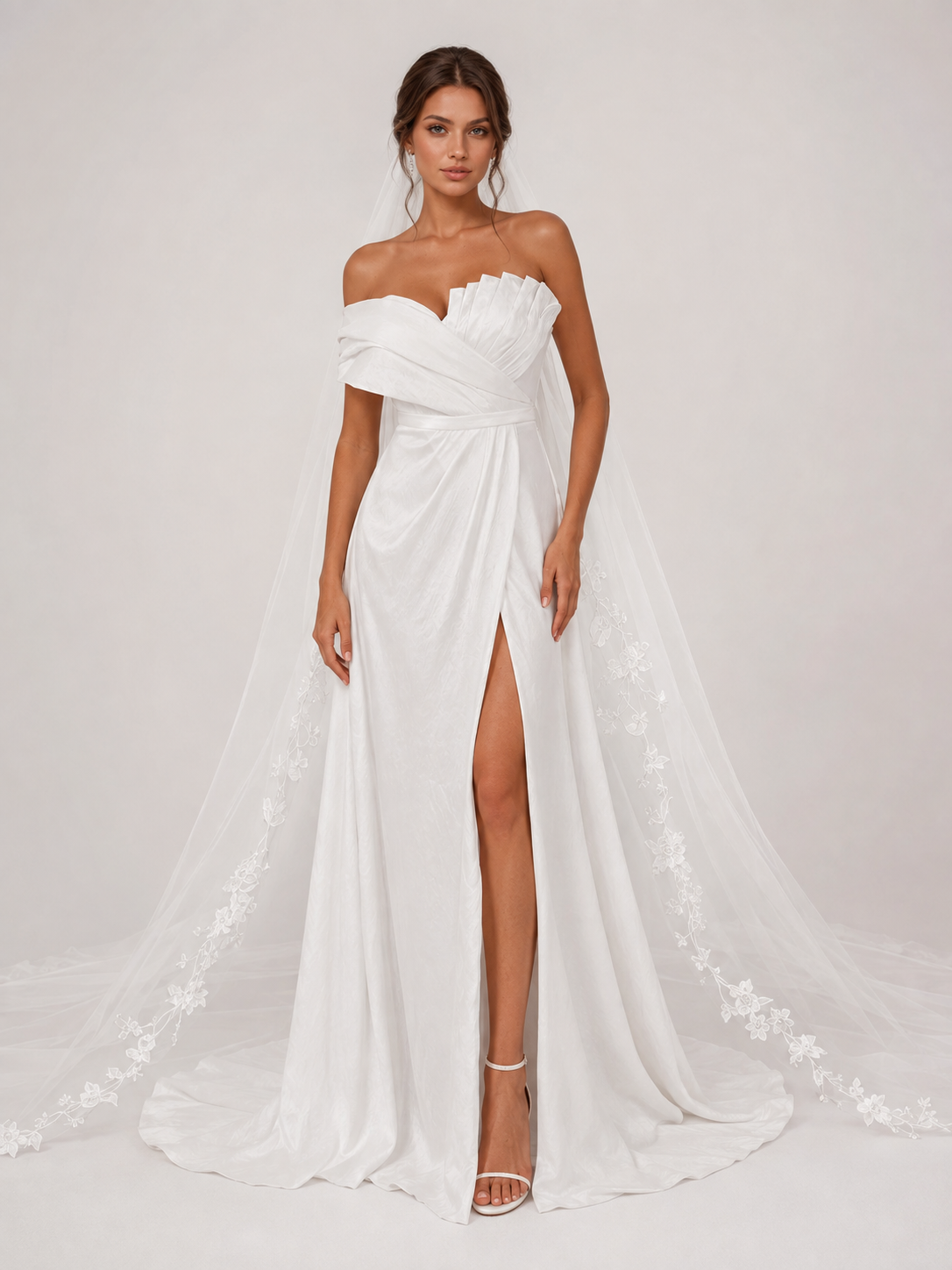 Elegant One-Shoulder Ruched Satin A-Line Wedding Dress with High Slit and Chapel Train