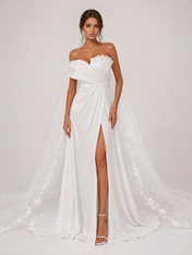 Elegant One-Shoulder Ruched Satin A-Line Wedding Dress with High Slit and Chapel Train