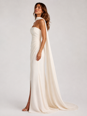 Elegant Strapless Straight-Neck Ruched Sheath Wedding Dress with Draped Neck Scarf and Sweep Train