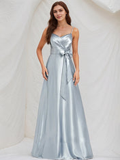Ice Blue Satin A Line Spaghetti Straps Sleeveless Floor Length Bridesmaid Dress With Bow